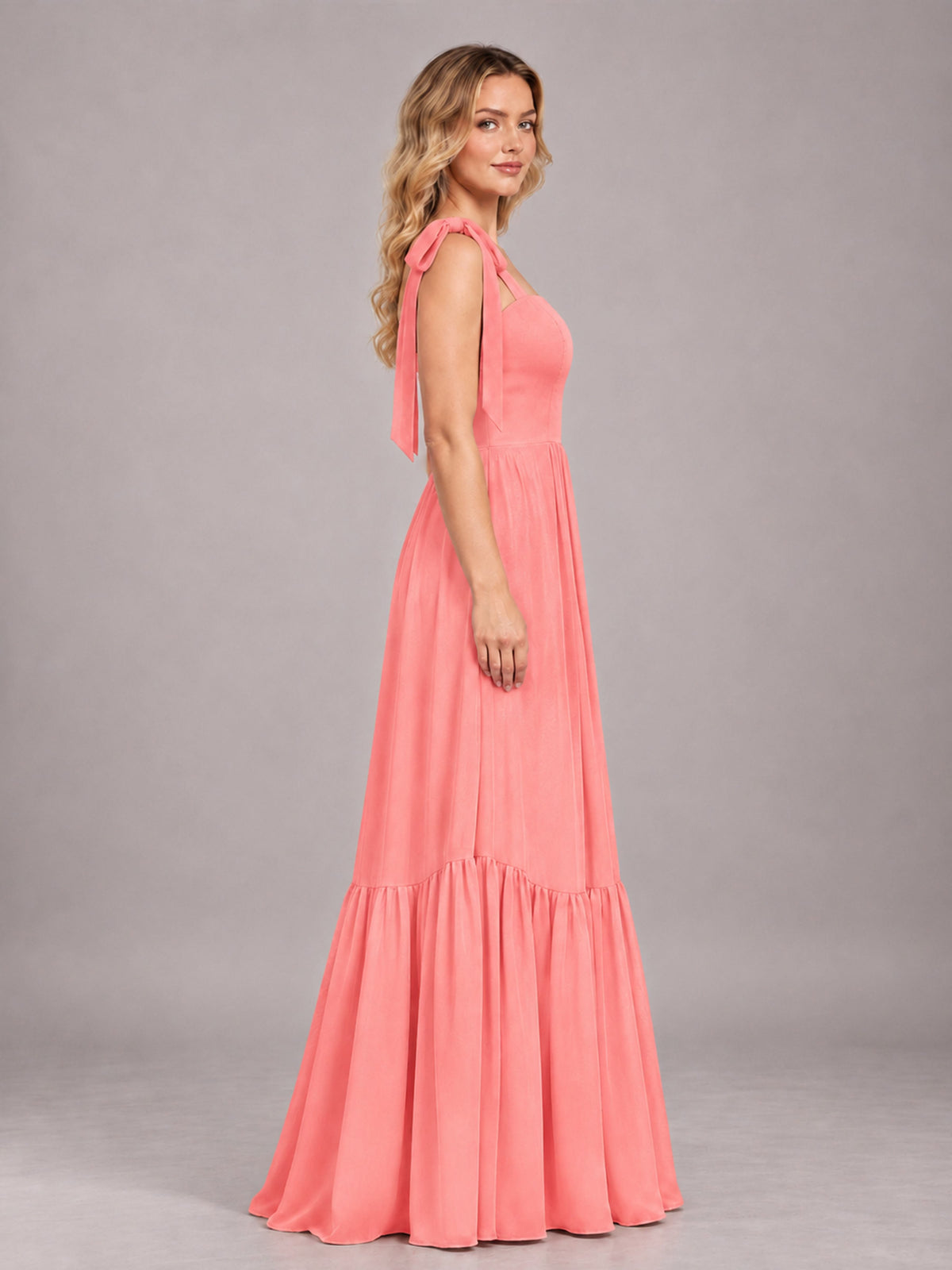 Coral Chic Sleeveless Lace Up Back Floor Length Chiffon Bridesmaid Dress