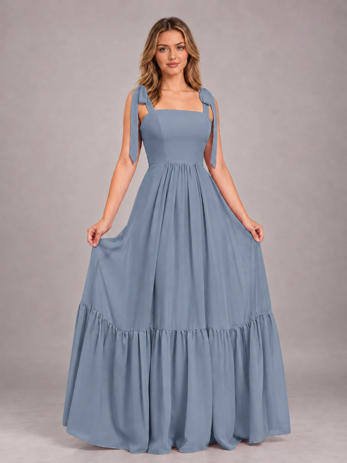 Dusty Blue Chic Sleeveless Lace Up Back Floor Length Chiffon Bridesmaid Dress