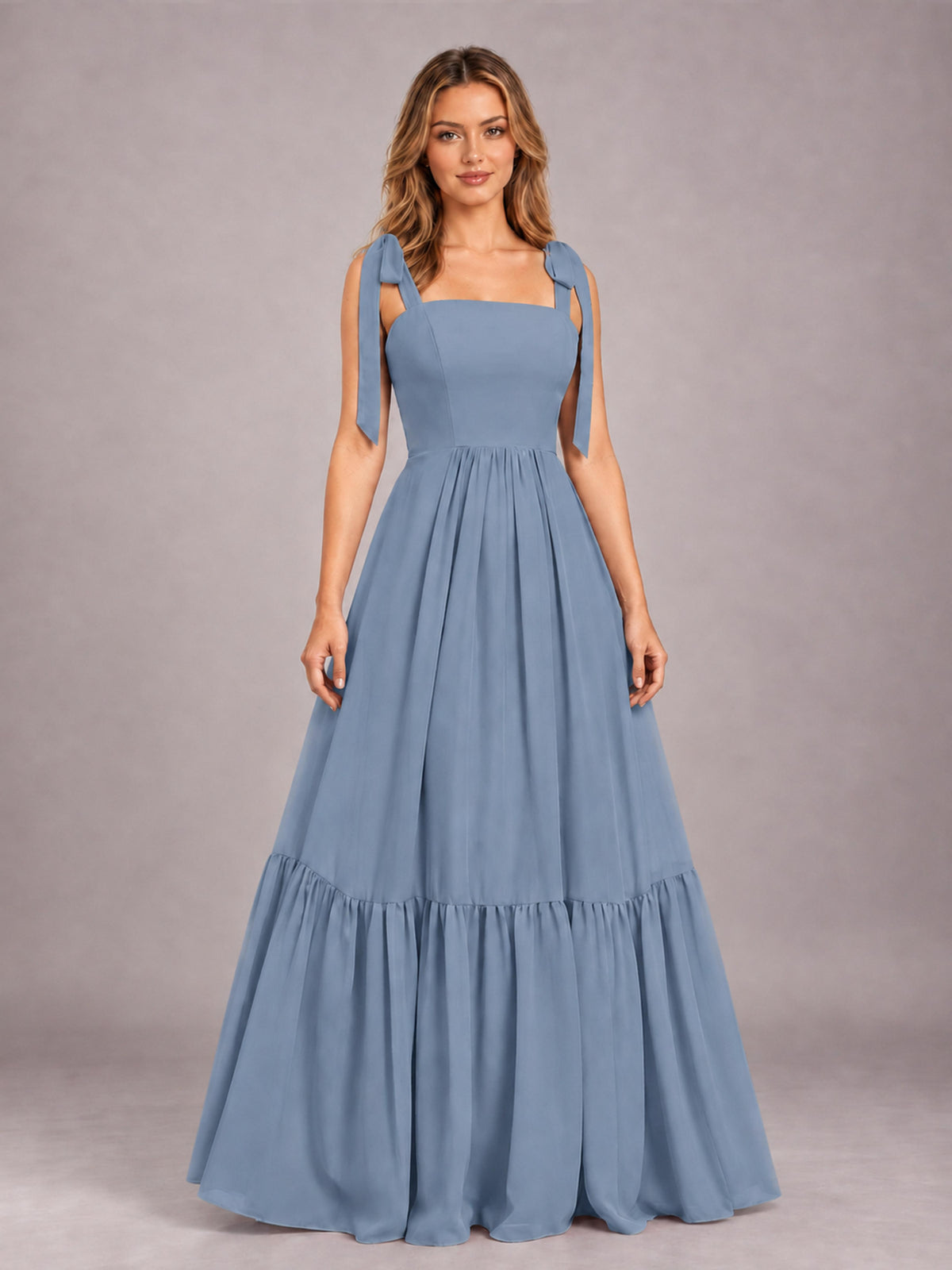Dusty Blue Chic Sleeveless Lace Up Back Floor Length Chiffon Bridesmaid Dress