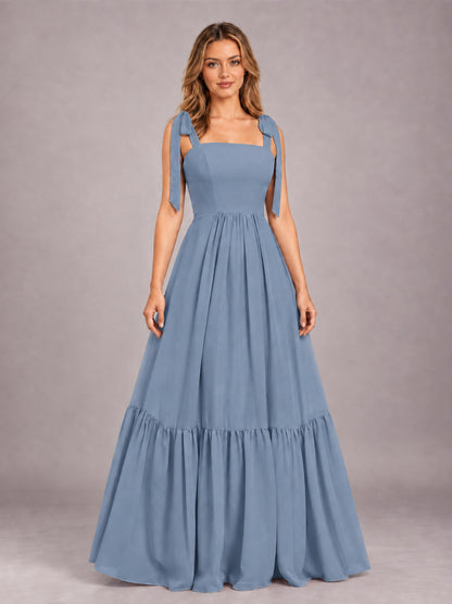 Dusty Blue Chic Sleeveless Lace Up Back Floor Length Chiffon Bridesmaid Dress