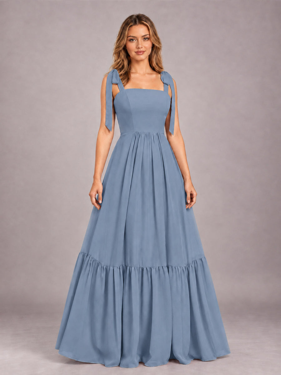 Dusty Blue Chic Sleeveless Lace Up Back Floor Length Chiffon Bridesmaid Dress