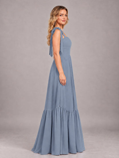 Dusty Blue Chic Sleeveless Lace Up Back Floor Length Chiffon Bridesmaid Dress