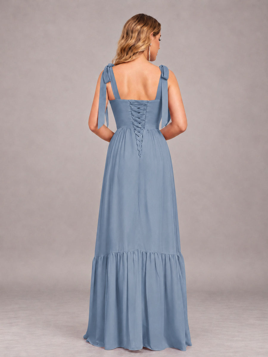 Dusty Blue Chic Sleeveless Lace Up Back Floor Length Chiffon Bridesmaid Dress