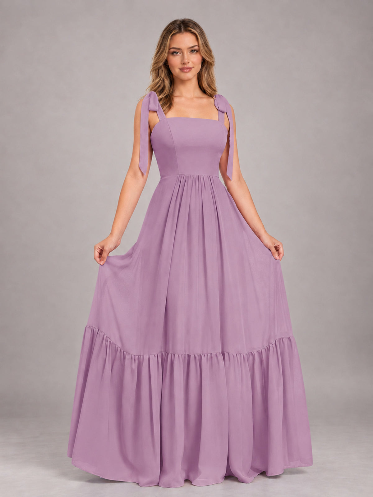 Dusty Purple Chic Sleeveless Lace Up Back Floor Length Chiffon Bridesmaid Dress