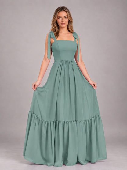 Eucalyptus Chic Sleeveless Lace Up Back Floor Length Chiffon Bridesmaid Dress
