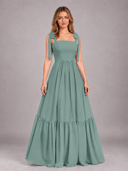 Eucalyptus Chic Sleeveless Lace Up Back Floor Length Chiffon Bridesmaid Dress