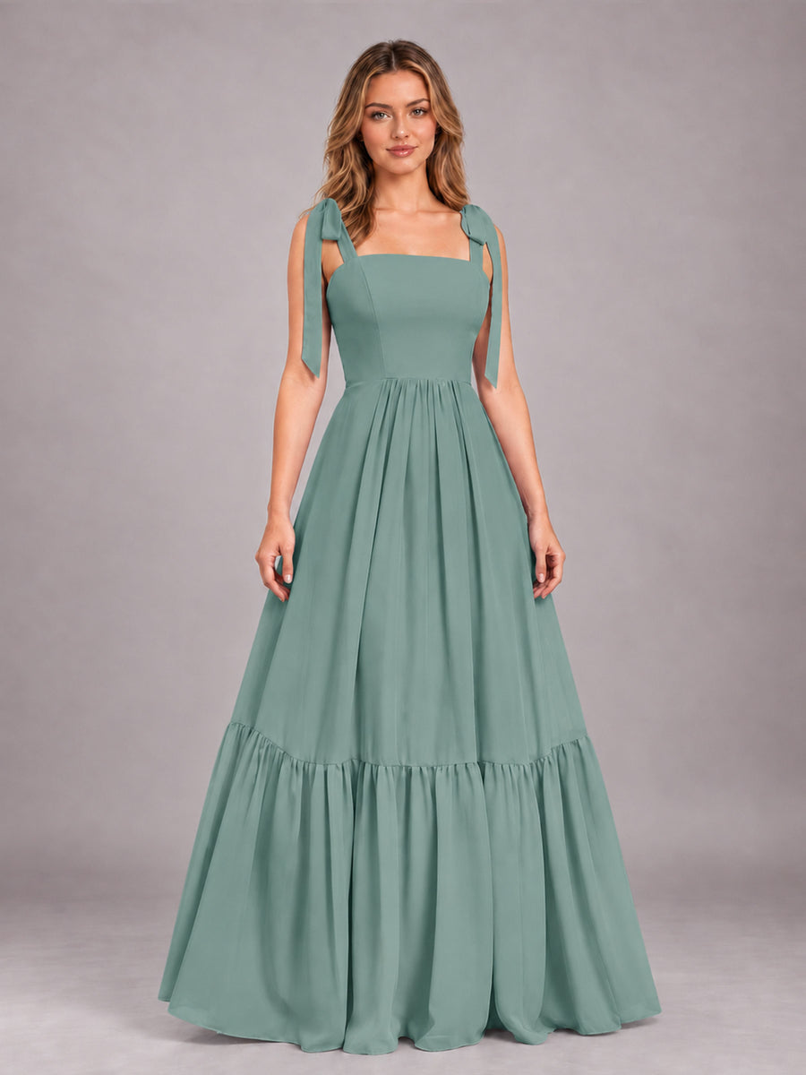 Eucalyptus Chic Sleeveless Lace Up Back Floor Length Chiffon Bridesmaid Dress
