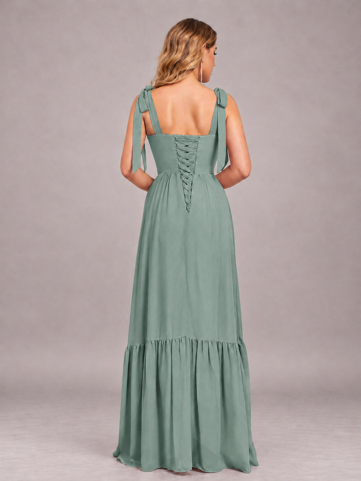 Eucalyptus Chic Sleeveless Lace Up Back Floor Length Chiffon Bridesmaid Dress