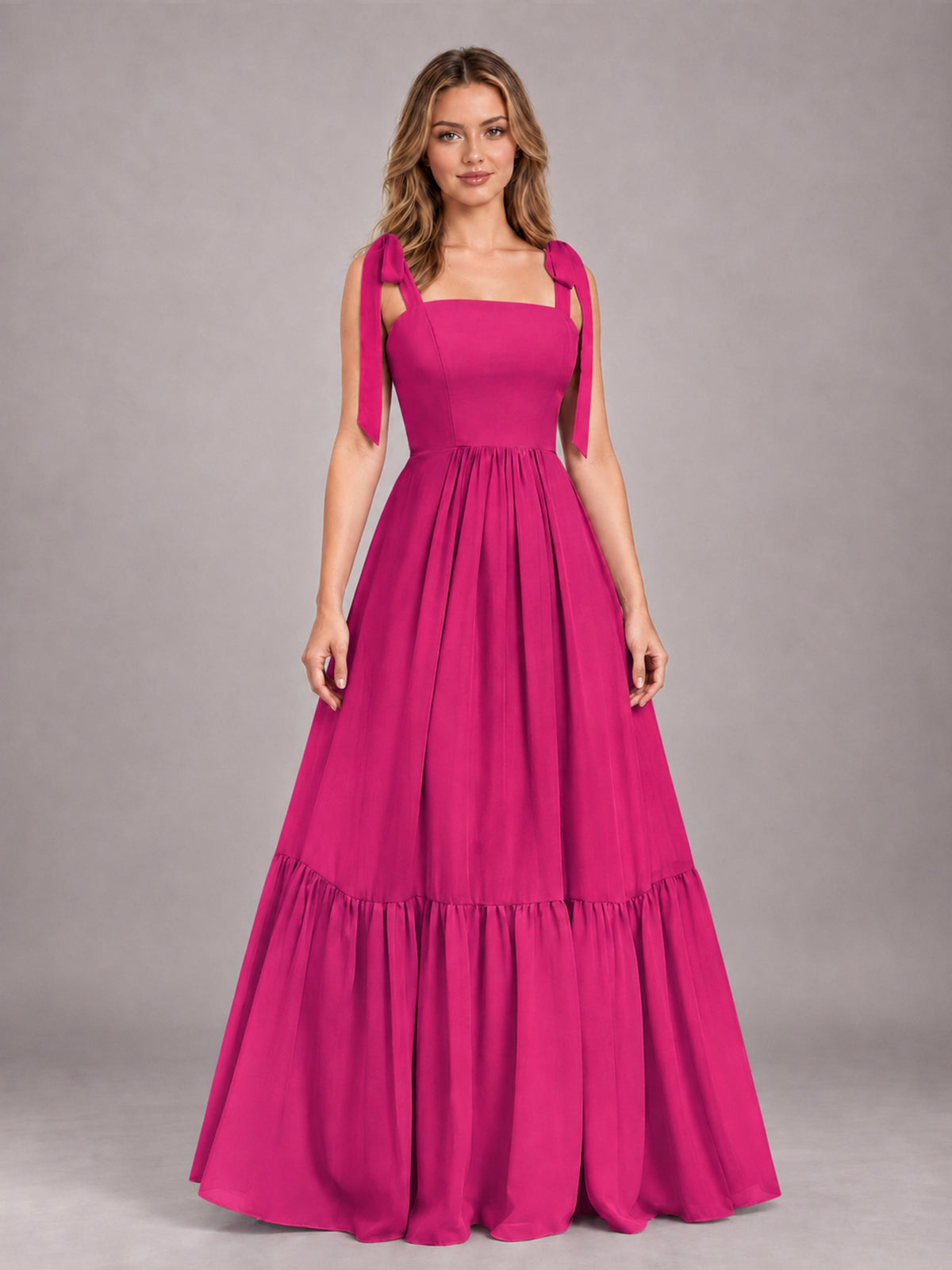 Fuchsia Chic Sleeveless Lace Up Back Floor Length Chiffon Bridesmaid Dress