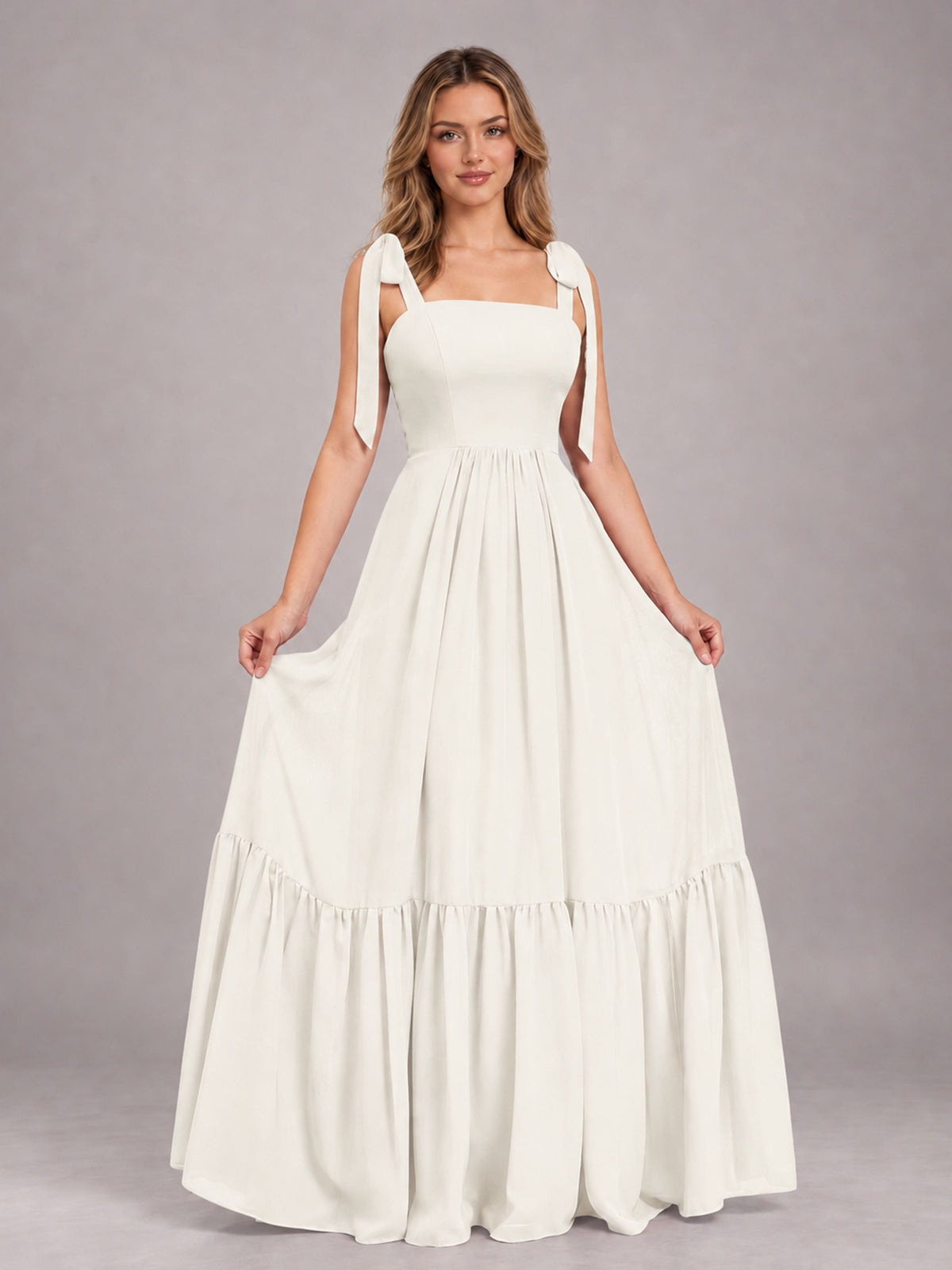 Ivory Chic Sleeveless Lace Up Back Floor Length Chiffon Bridesmaid Dress