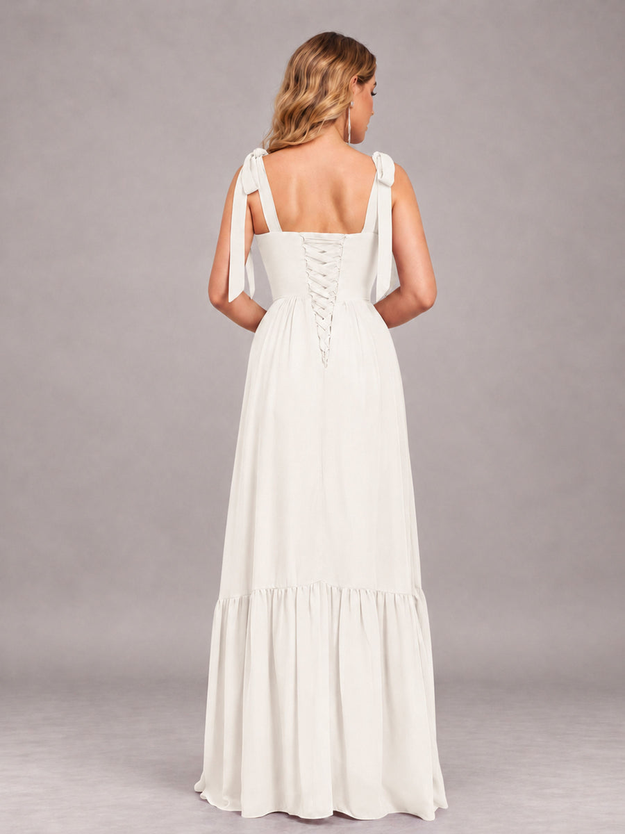 Ivory Chic Sleeveless Lace Up Back Floor Length Chiffon Bridesmaid Dress