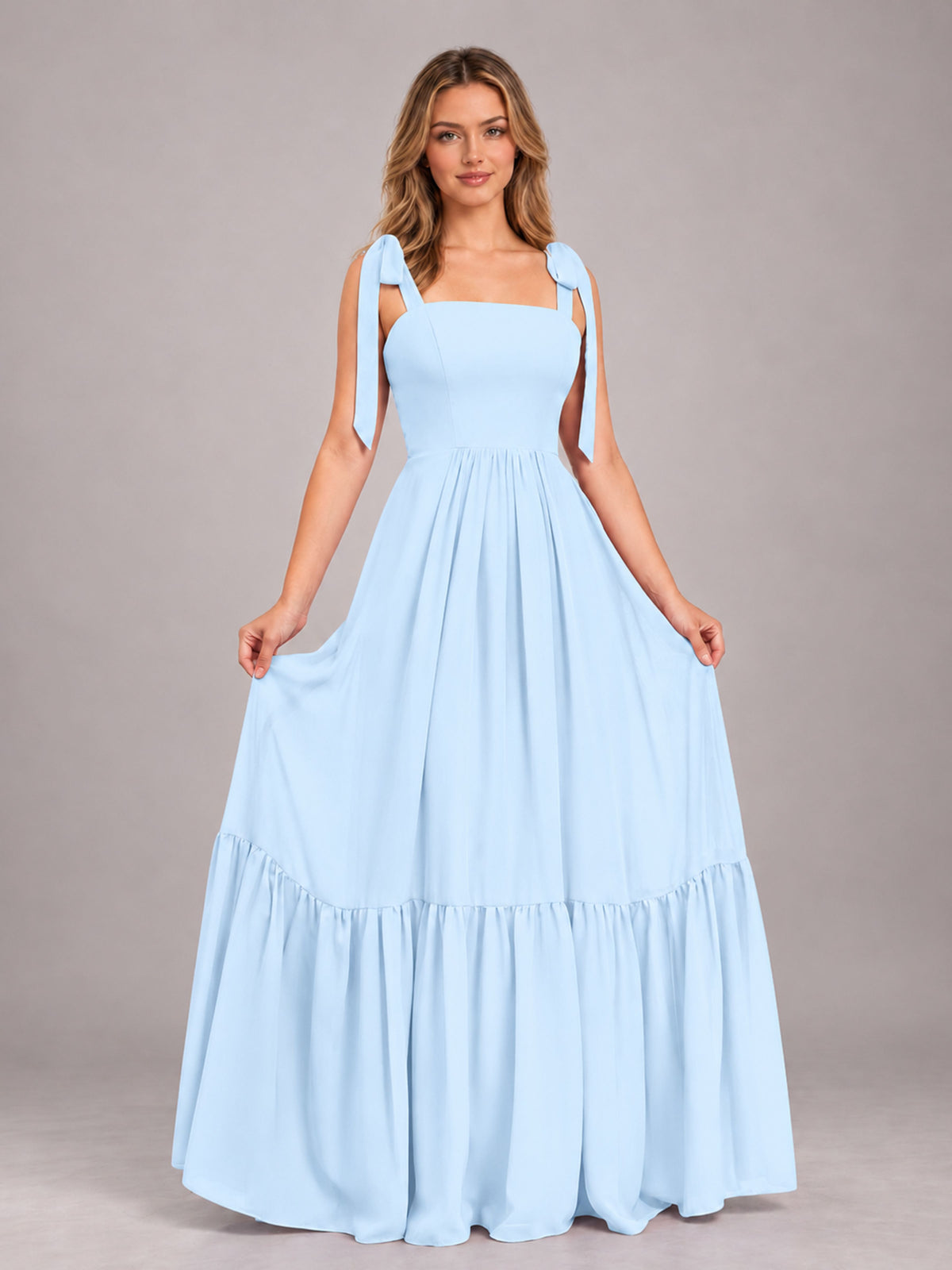Light Blue Chic Sleeveless Lace Up Back Floor Length Chiffon Bridesmaid Dress
