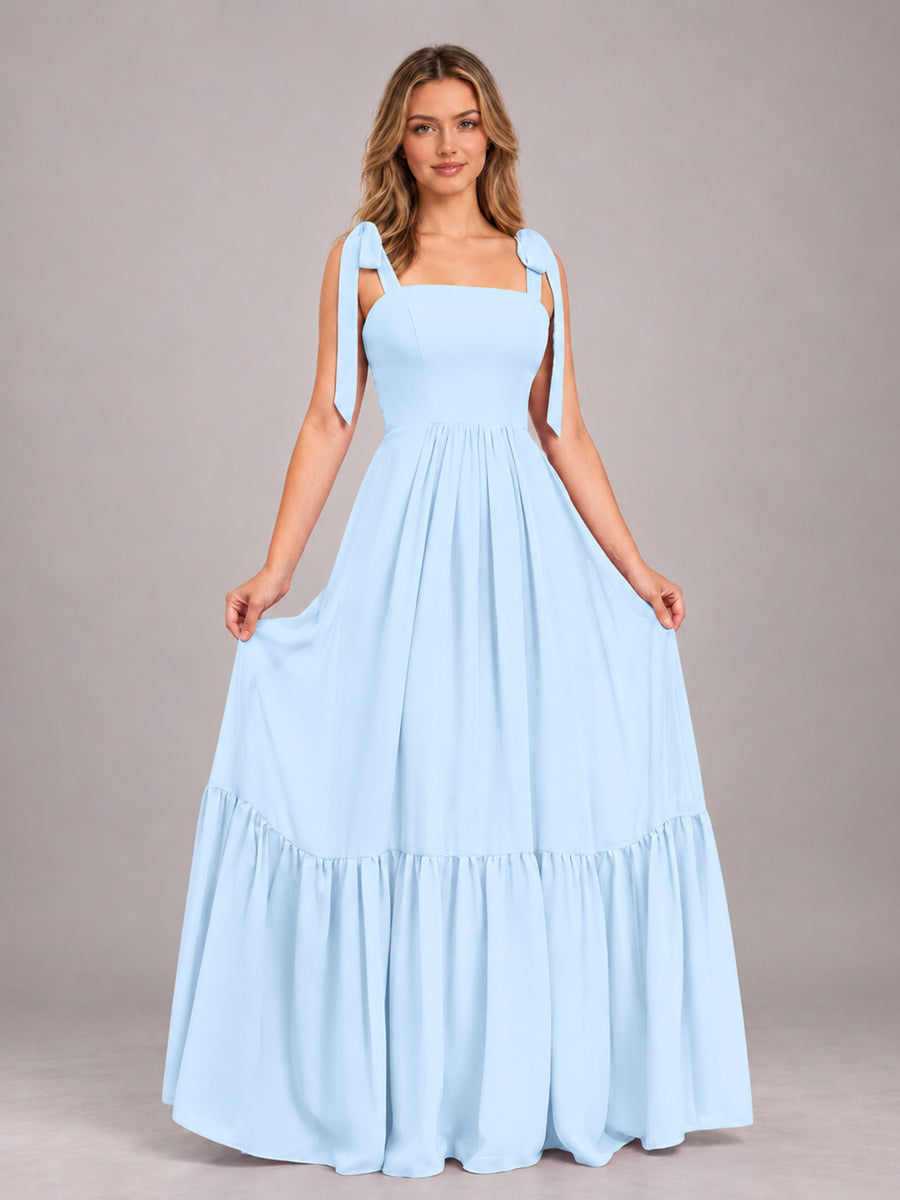 Light Blue Chic Sleeveless Lace Up Back Floor Length Chiffon Bridesmaid Dress