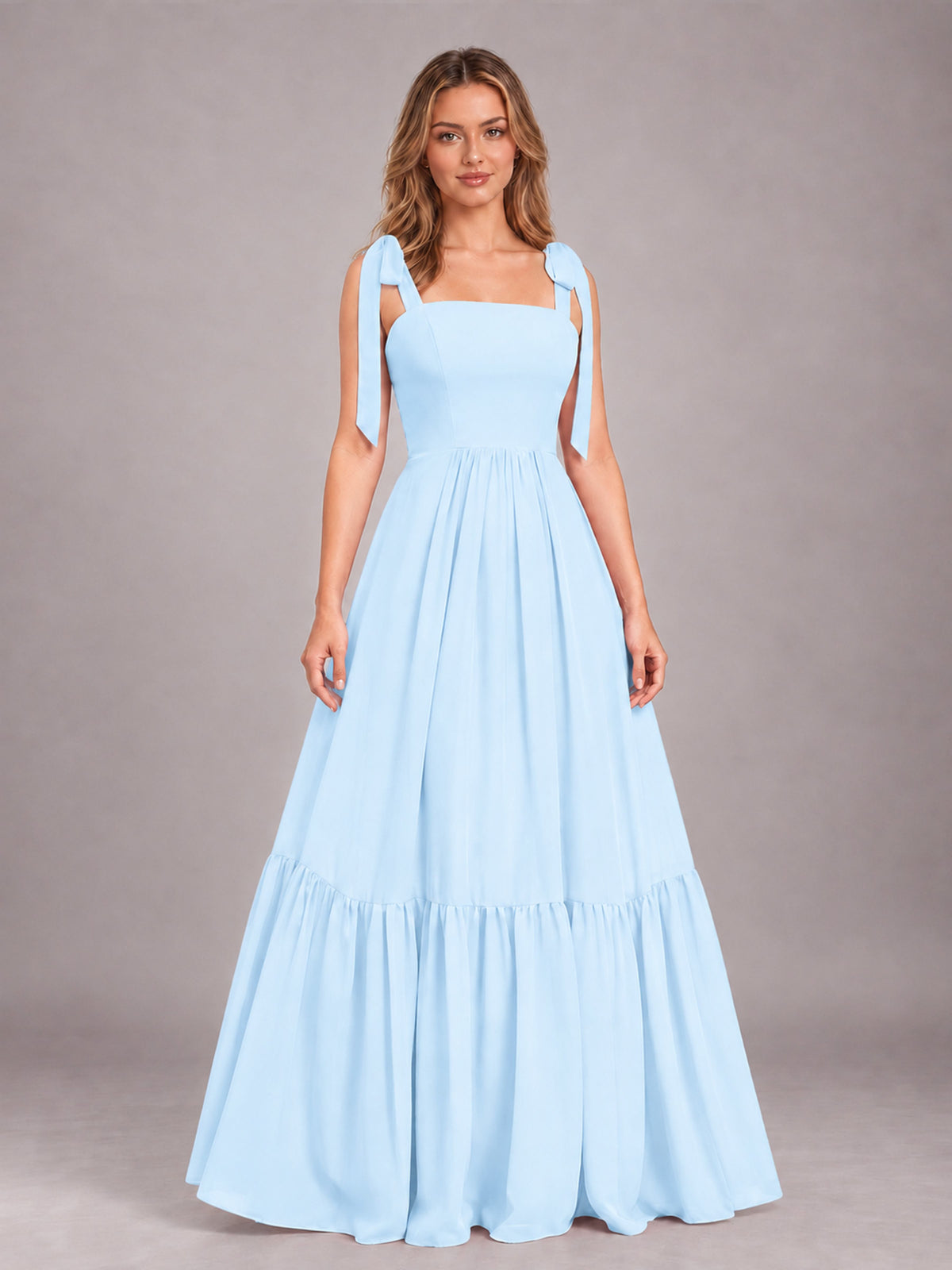 Light Blue Chic Sleeveless Lace Up Back Floor Length Chiffon Bridesmaid Dress