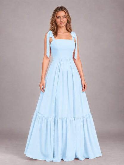 Light Blue Chic Sleeveless Lace Up Back Floor Length Chiffon Bridesmaid Dress