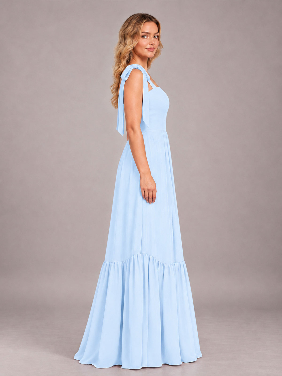 Light Blue Chic Sleeveless Lace Up Back Floor Length Chiffon Bridesmaid Dress