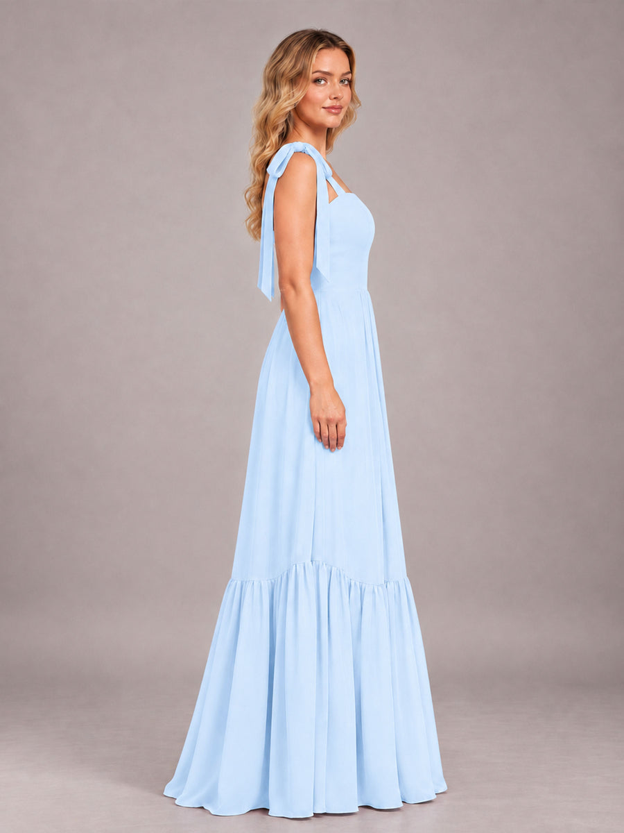 Light Blue Chic Sleeveless Lace Up Back Floor Length Chiffon Bridesmaid Dress