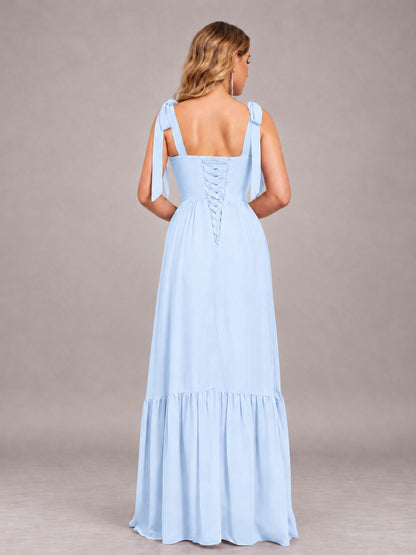 Light Blue Chic Sleeveless Lace Up Back Floor Length Chiffon Bridesmaid Dress