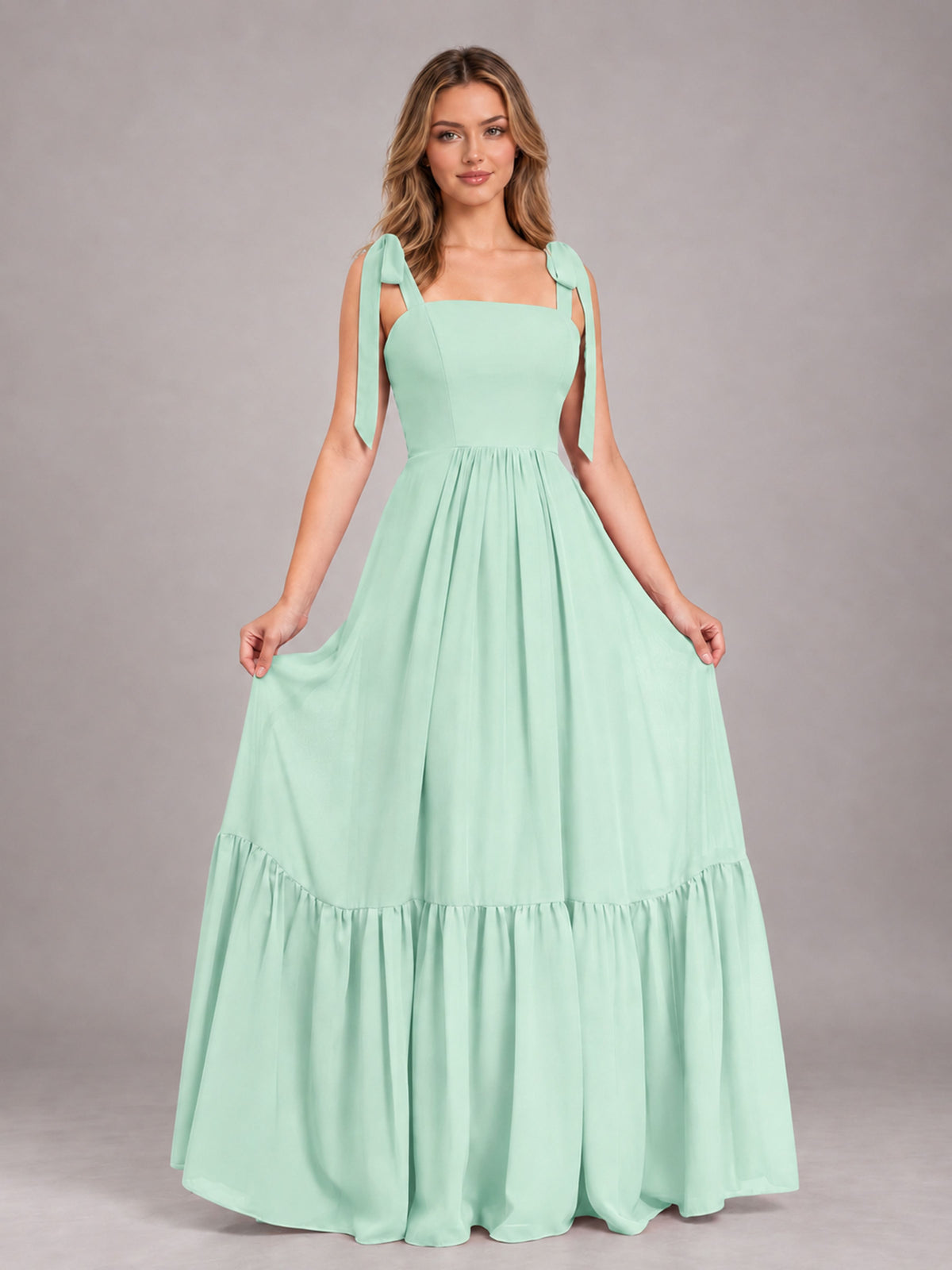 Mint Green Chic Sleeveless Lace Up Back Floor Length Chiffon Bridesmaid Dress