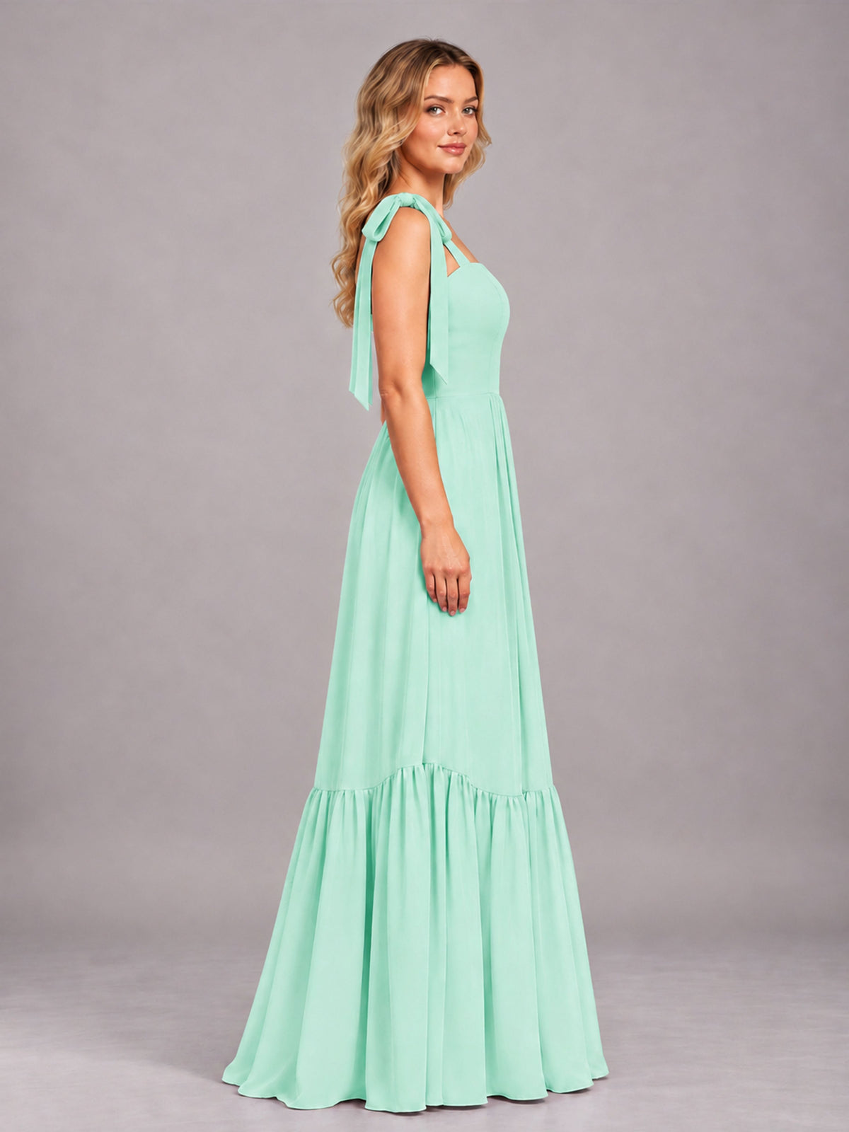 Mint Green Chic Sleeveless Lace Up Back Floor Length Chiffon Bridesmaid Dress