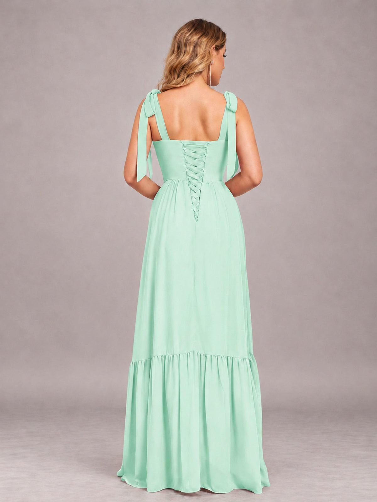 Mint Green Chic Sleeveless Lace Up Back Floor Length Chiffon Bridesmaid Dress