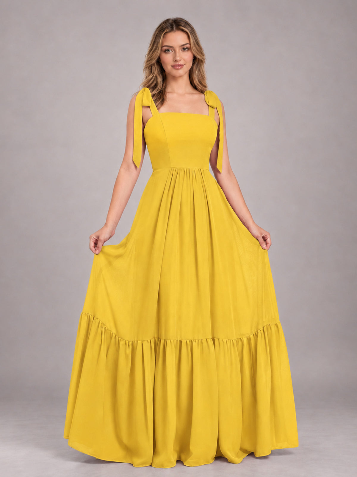 Mustard Yellow Chic Sleeveless Lace Up Back Floor Length Chiffon Bridesmaid Dress