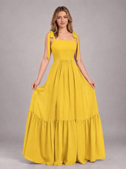 Mustard Yellow Chic Sleeveless Lace Up Back Floor Length Chiffon Bridesmaid Dress