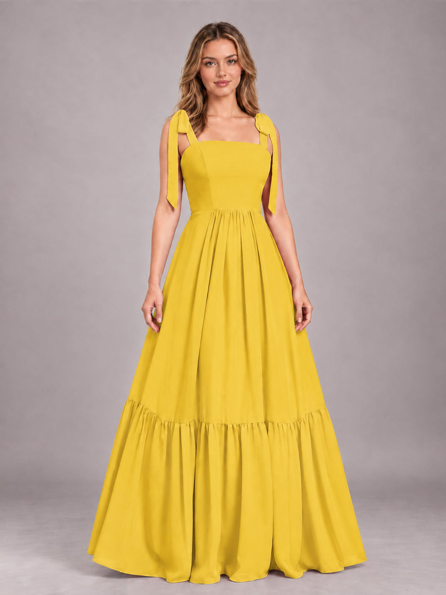 Mustard Yellow Chic Sleeveless Lace Up Back Floor Length Chiffon Bridesmaid Dress