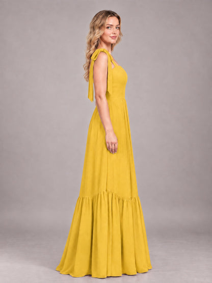 Mustard Yellow Chic Sleeveless Lace Up Back Floor Length Chiffon Bridesmaid Dress
