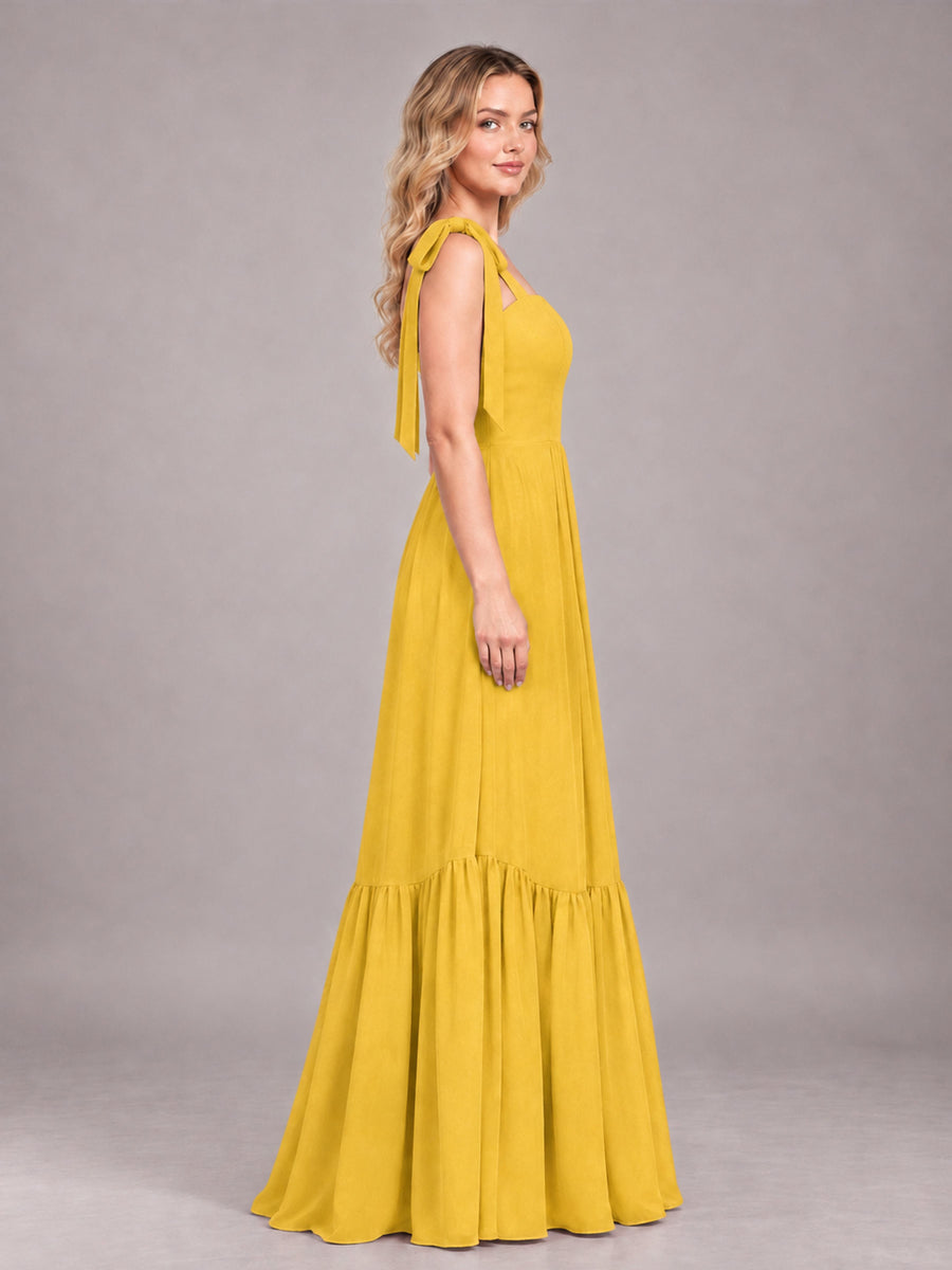 Mustard Yellow Chic Sleeveless Lace Up Back Floor Length Chiffon Bridesmaid Dress