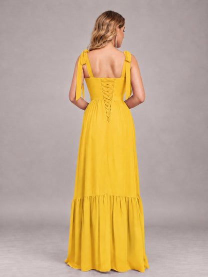 Mustard Yellow Chic Sleeveless Lace Up Back Floor Length Chiffon Bridesmaid Dress