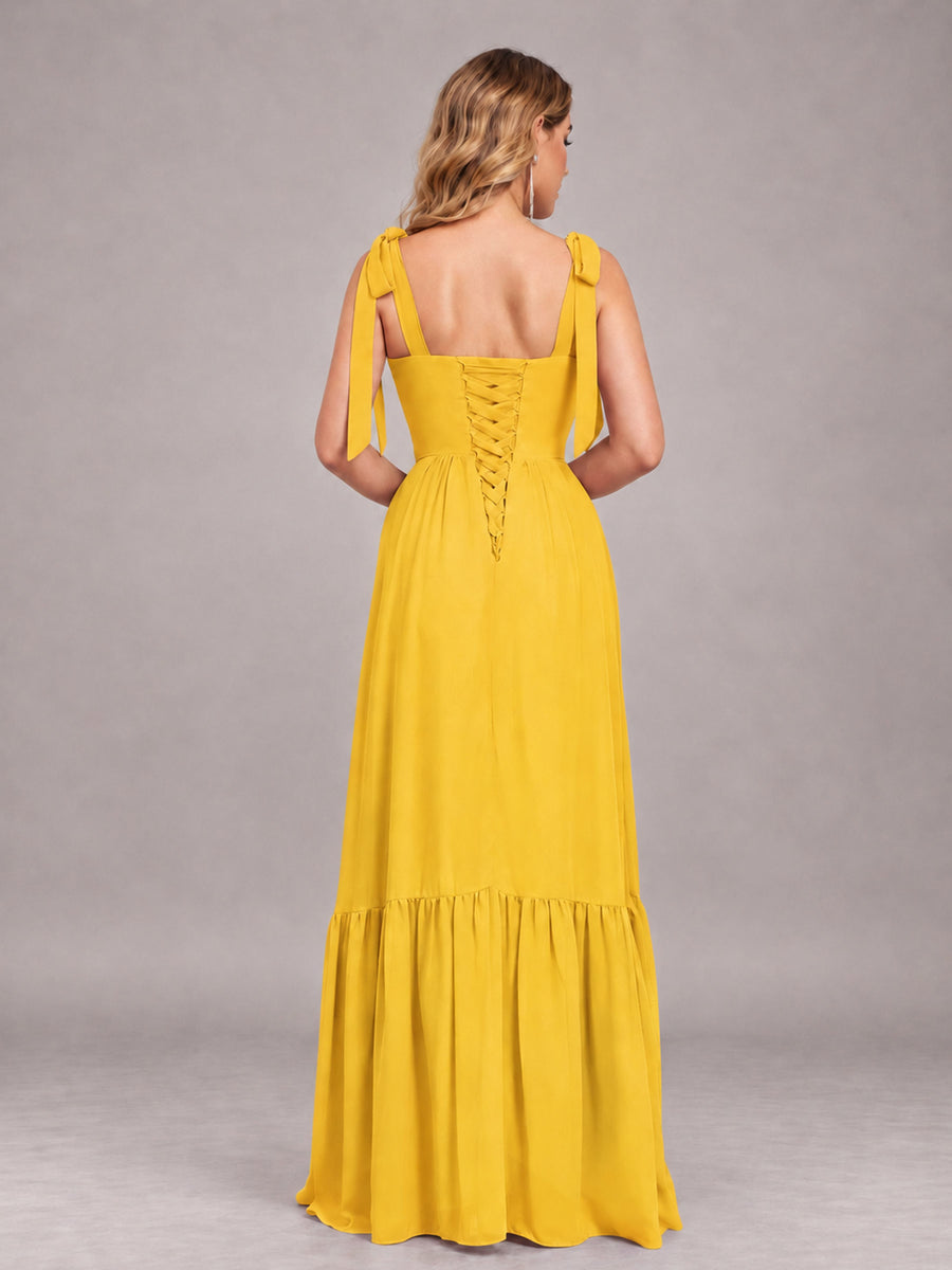 Mustard Yellow Chic Sleeveless Lace Up Back Floor Length Chiffon Bridesmaid Dress