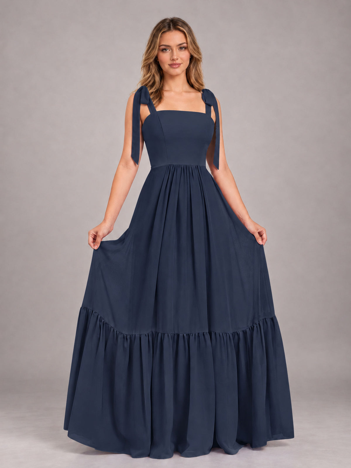 Navy Blue Chic Sleeveless Lace Up Back Floor Length Chiffon Bridesmaid Dress