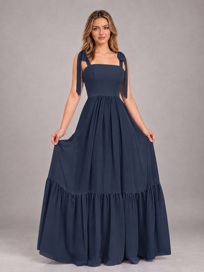 Navy Blue Chic Sleeveless Lace Up Back Floor Length Chiffon Bridesmaid Dress