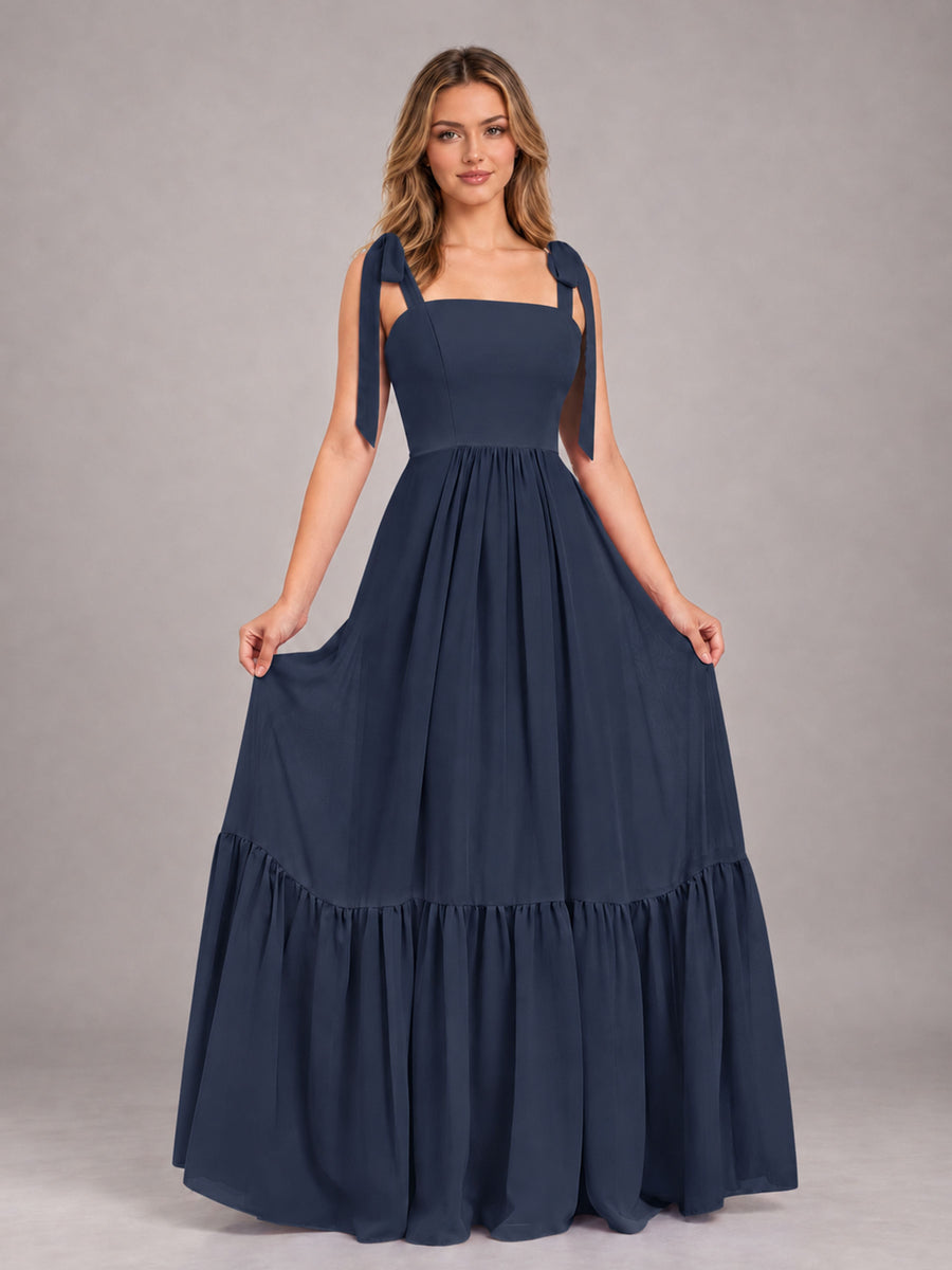 Navy Blue Chic Sleeveless Lace Up Back Floor Length Chiffon Bridesmaid Dress
