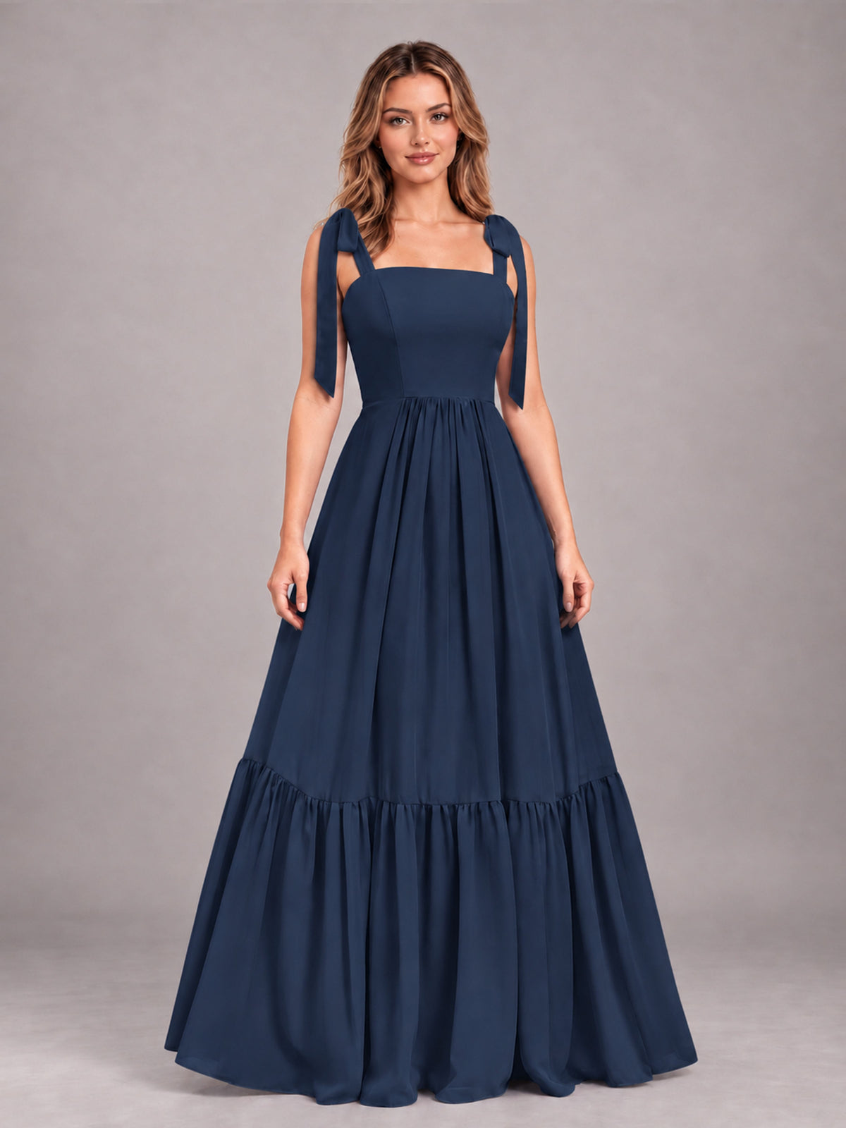 Navy Blue Chic Sleeveless Lace Up Back Floor Length Chiffon Bridesmaid Dress
