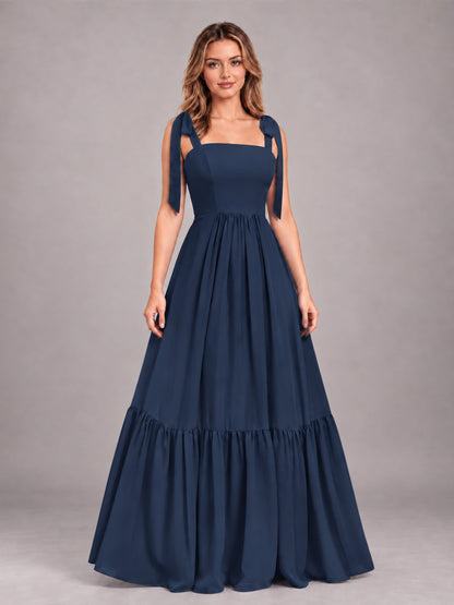 Navy Blue Chic Sleeveless Lace Up Back Floor Length Chiffon Bridesmaid Dress