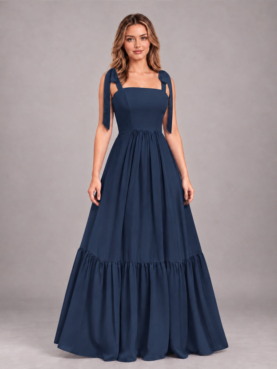 Navy Blue Chic Sleeveless Lace Up Back Floor Length Chiffon Bridesmaid Dress