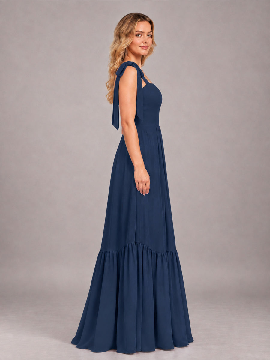 Navy Blue Chic Sleeveless Lace Up Back Floor Length Chiffon Bridesmaid Dress