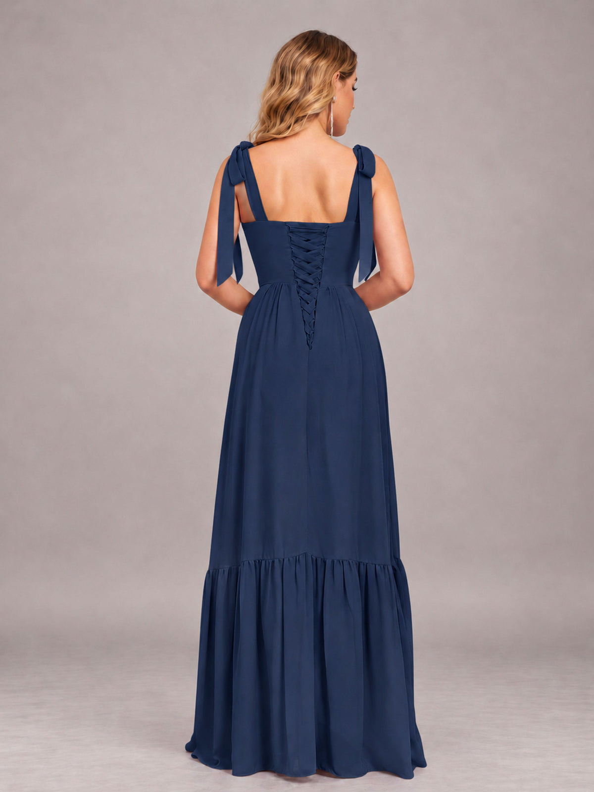 Navy Blue Chic Sleeveless Lace Up Back Floor Length Chiffon Bridesmaid Dress