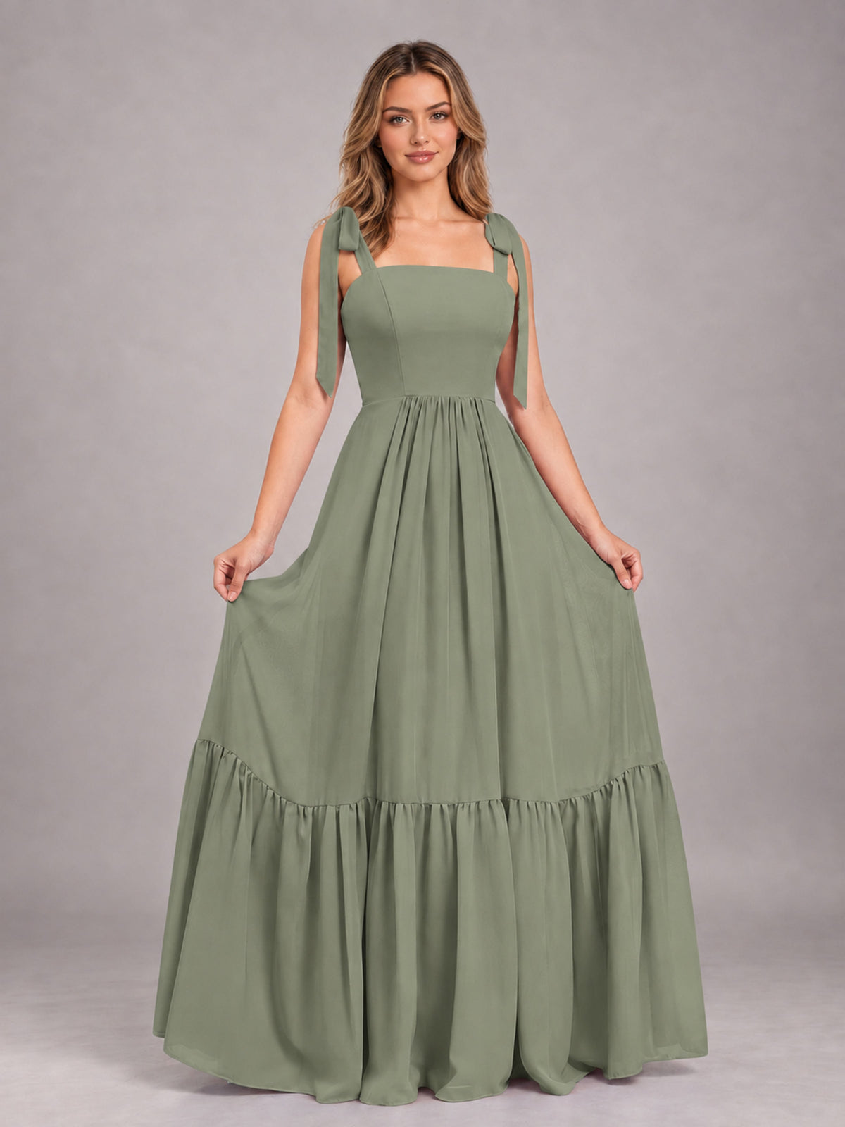 Olive Green Chic Sleeveless Lace Up Back Floor Length Chiffon Bridesmaid Dress