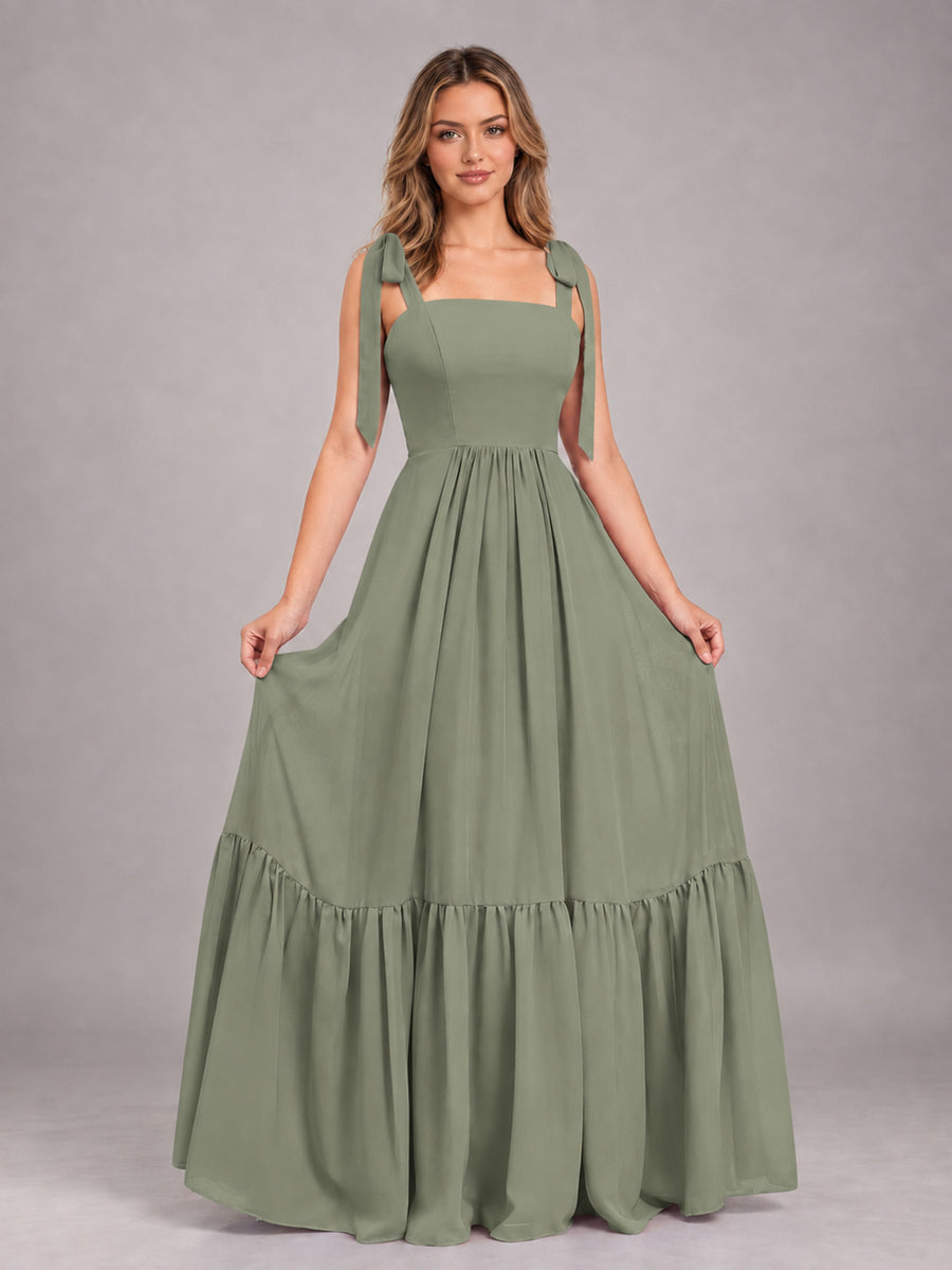 Olive Green Chic Sleeveless Lace Up Back Floor Length Chiffon Bridesmaid Dress