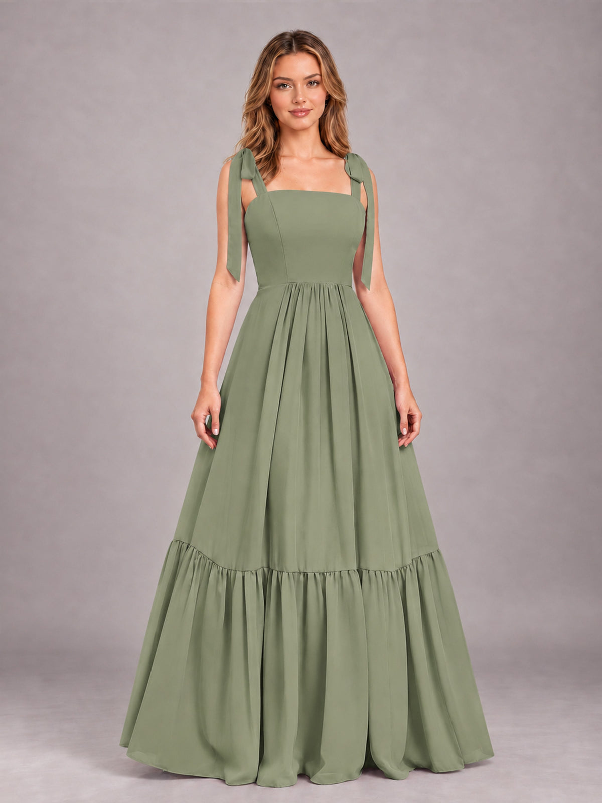 Olive Green Chic Sleeveless Lace Up Back Floor Length Chiffon Bridesmaid Dress