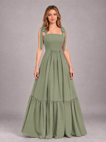 Olive Green Chic Sleeveless Lace Up Back Floor Length Chiffon Bridesmaid Dress