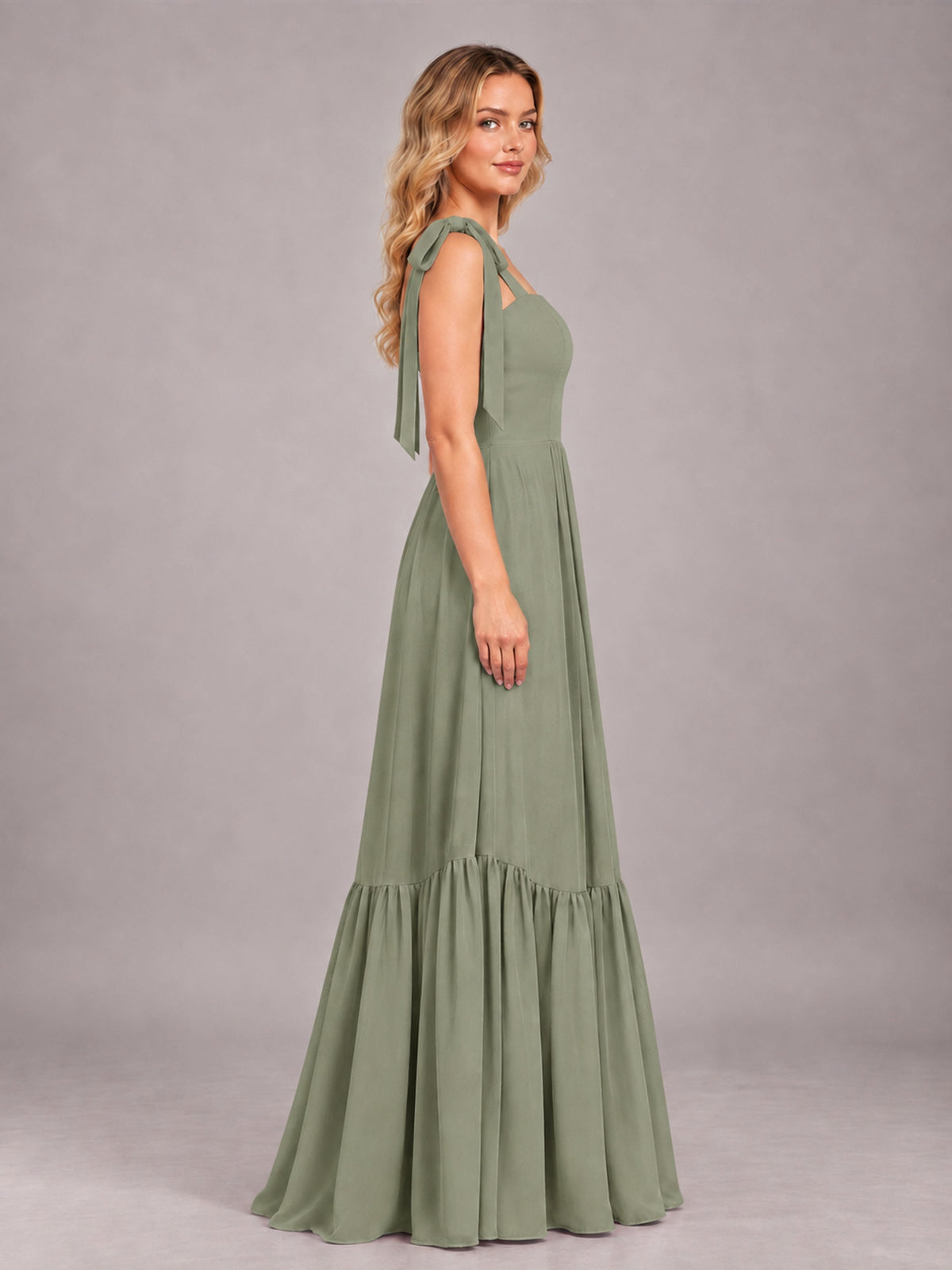 Olive Green Chic Sleeveless Lace Up Back Floor Length Chiffon Bridesmaid Dress