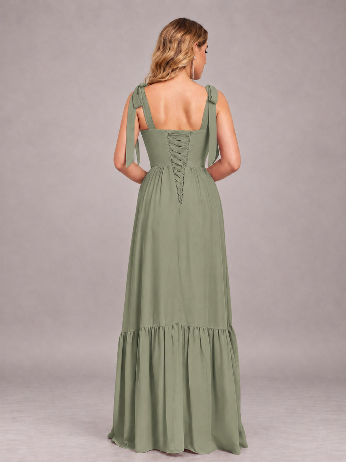 Olive Green Chic Sleeveless Lace Up Back Floor Length Chiffon Bridesmaid Dress