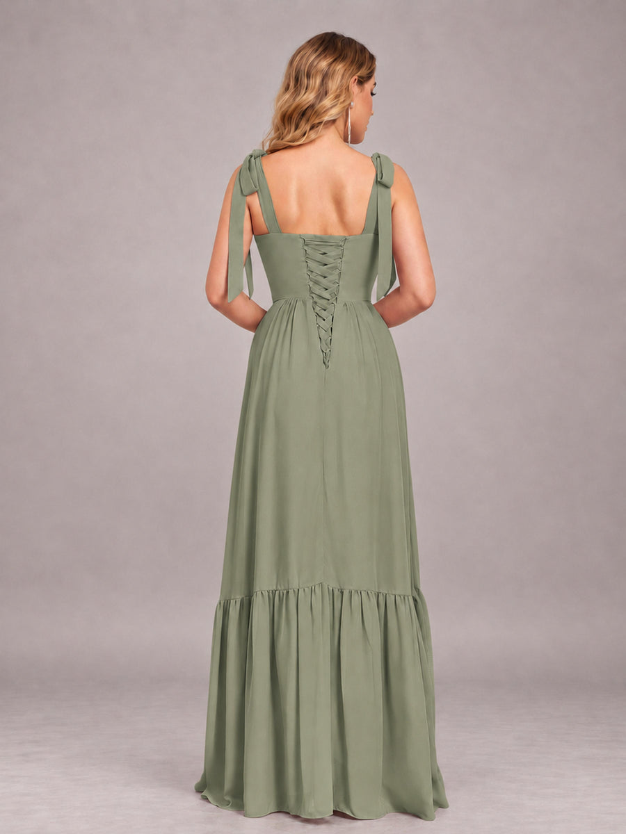 Olive Green Chic Sleeveless Lace Up Back Floor Length Chiffon Bridesmaid Dress