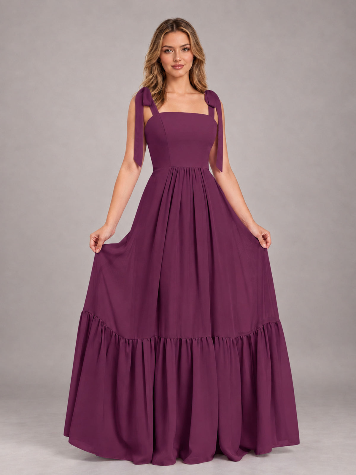 Plum Chic Sleeveless Lace Up Back Floor Length Chiffon Bridesmaid Dress