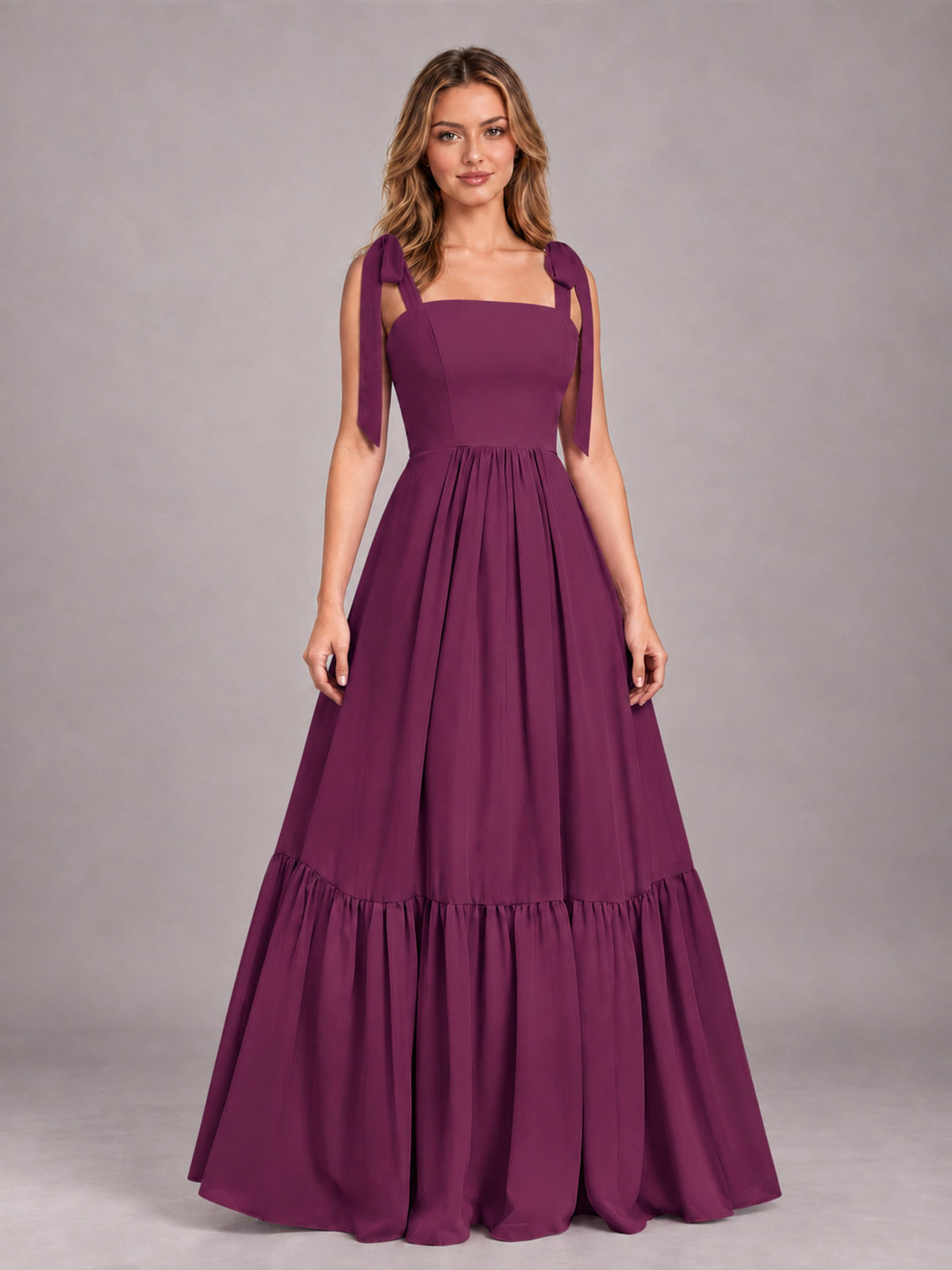 Plum Chic Sleeveless Lace Up Back Floor Length Chiffon Bridesmaid Dress