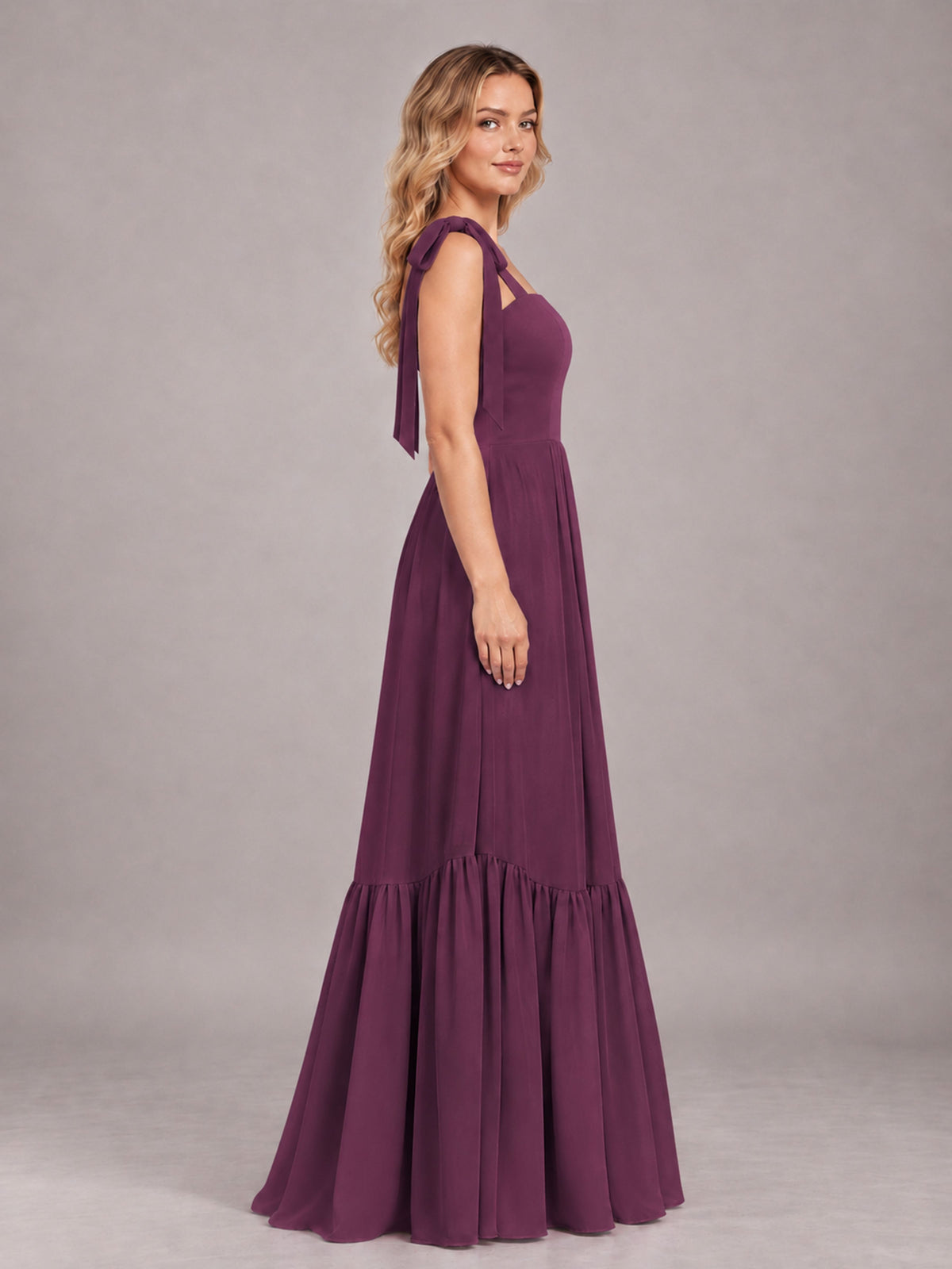 Plum Chic Sleeveless Lace Up Back Floor Length Chiffon Bridesmaid Dress